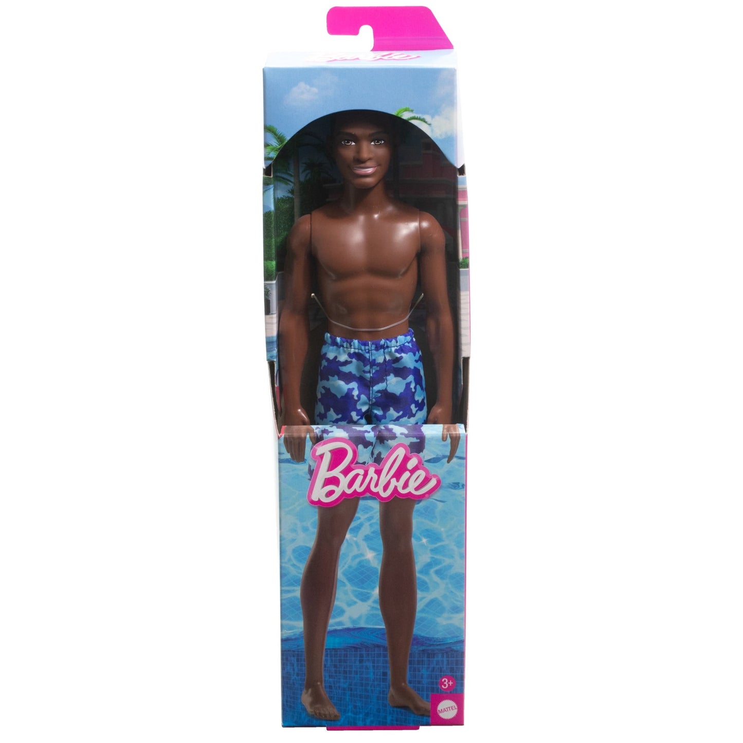 Beach Ken Doll with Dark Brown Hair Wearing Blue Camo-inspired Print Swimsuit Ready for the Pool