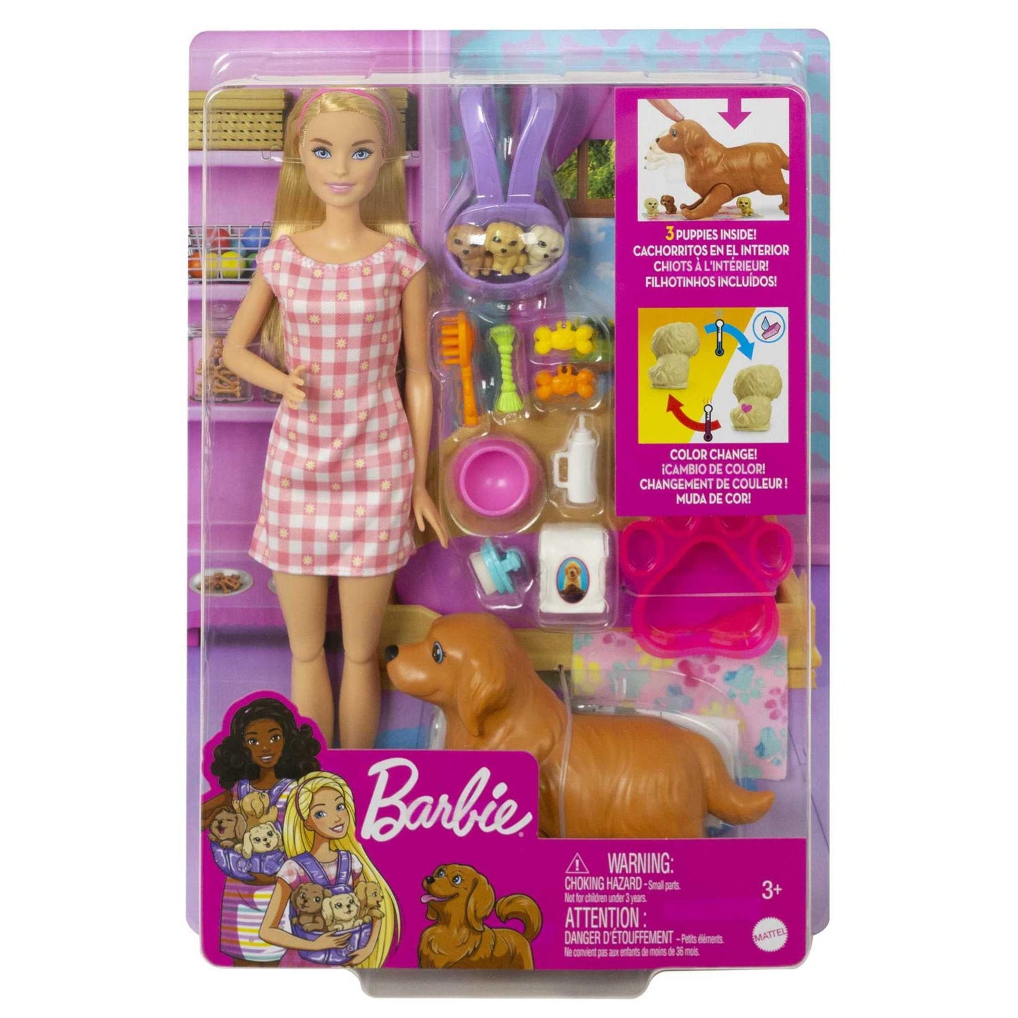 Barbie Doll & Newborn Pets Playset with Pregnant Mom Dog, Color-Change Puppies & Accessories, Blonde