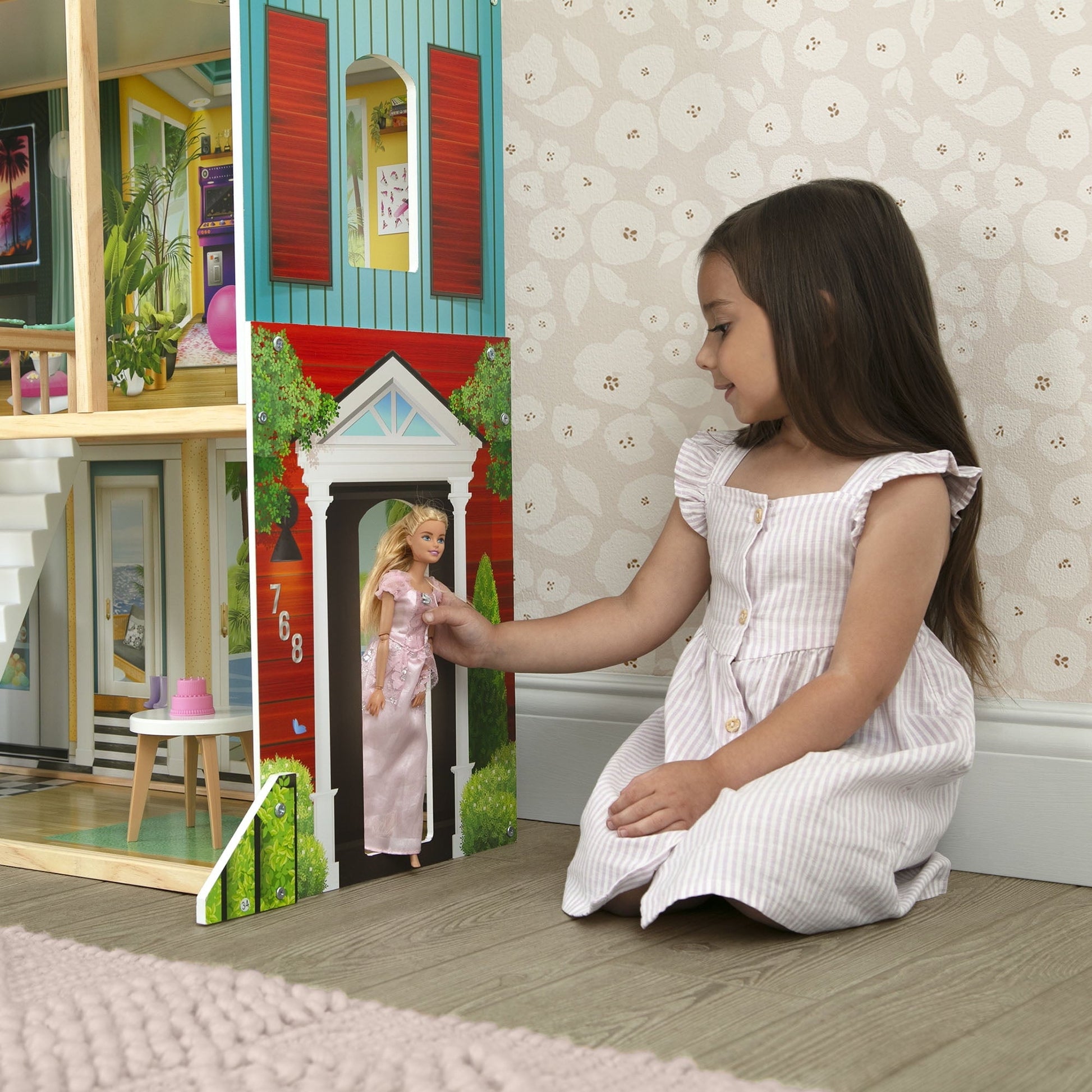 Delta Children Deluxe Maui Dollhouse with 50 Accessories - Large Wooden 4-Story Dollhouse with 12 Rooms - Working Elevator, Slide, Lights/Sounds - Fits 12-inch Dolls - Pretend Play Gift for Ages 3+