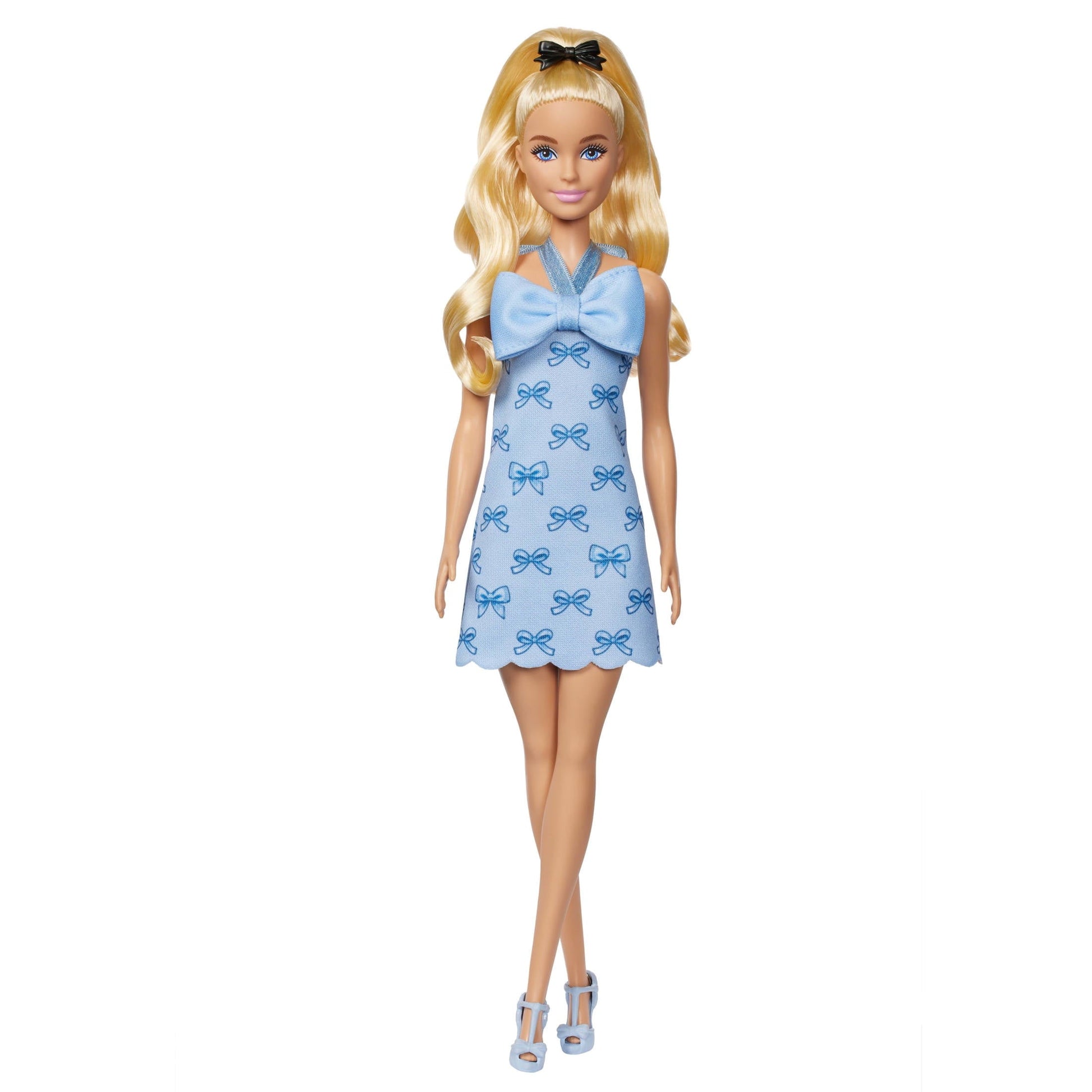 Barbie Fashionistas Doll #237 in Blue Bow Halter Dress, Blonde Ponytail with Bow Accessory