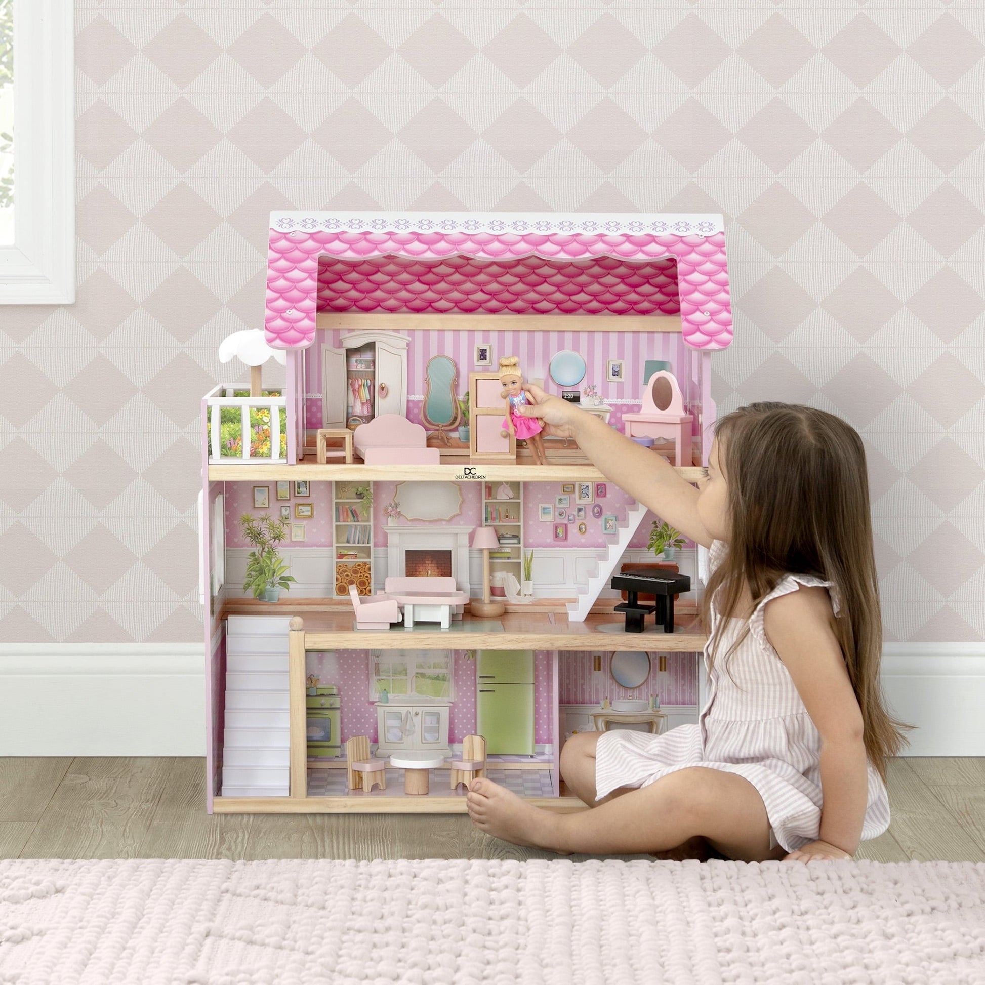 Delta Children Little Gem Dollhouse - Wooden 3-Story Dollhouse with 4 Rooms - Includes 16 Accessories - Fits 5-inch Dolls - Pretend Play Dream Gift for Ages 3+