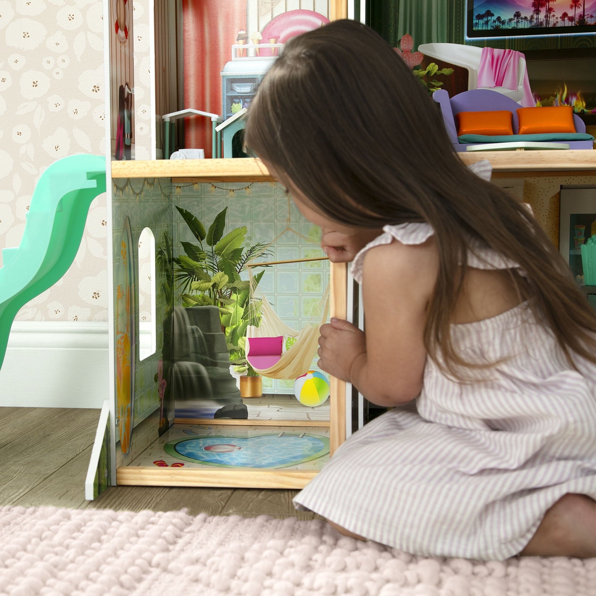 Delta Children Deluxe Maui Dollhouse with 50 Accessories - Large Wooden 4-Story Dollhouse with 12 Rooms - Working Elevator, Slide, Lights/Sounds - Fits 12-inch Dolls - Pretend Play Gift for Ages 3+