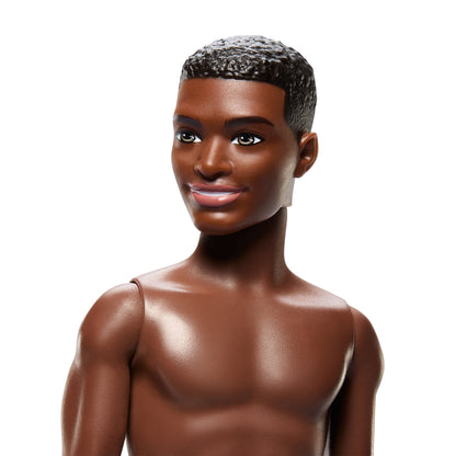 Beach Ken Doll with Dark Brown Hair Wearing Blue Camo-inspired Print Swimsuit Ready for the Pool
