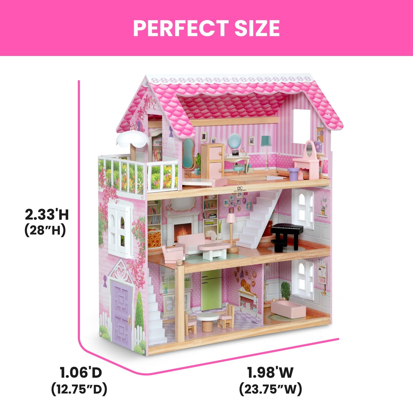 Delta Children Little Gem Dollhouse - Wooden 3-Story Dollhouse with 4 Rooms - Includes 16 Accessories - Fits 5-inch Dolls - Pretend Play Dream Gift for Ages 3+