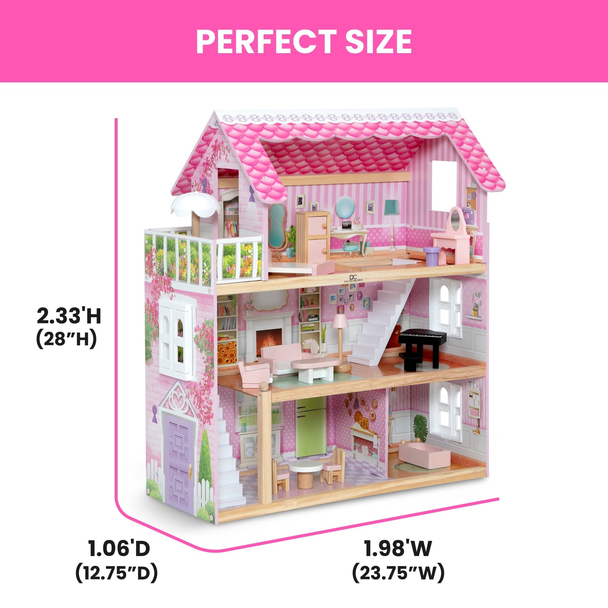 Delta Children Little Gem Dollhouse - Wooden 3-Story Dollhouse with 4 Rooms - Includes 16 Accessories - Fits 5-inch Dolls - Pretend Play Dream Gift for Ages 3+