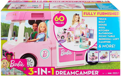 Barbie Camper Playset, 3-in-1 DreamCamper with Pool & 50 Accessories, Transforms into Doll-Sized Truck, Boat & House (Exclusive)