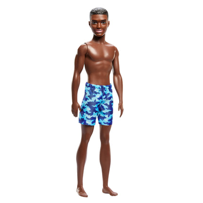 Beach Ken Doll with Dark Brown Hair Wearing Blue Camo-inspired Print Swimsuit Ready for the Pool