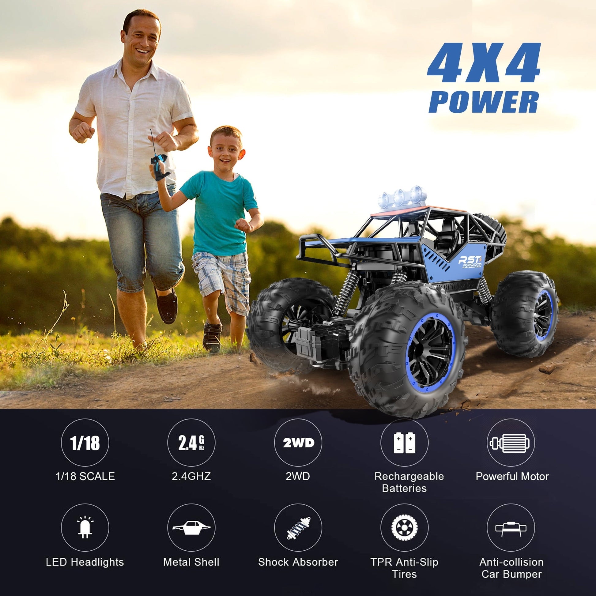 Beefunni Blue Remote Control Cars 1:18, All Terrain Metal Shell 4X4 Off-Road Vehicle Monster Truck, High Speed 2.4 GHz RC Car Gift for Kids 6+ & Adults