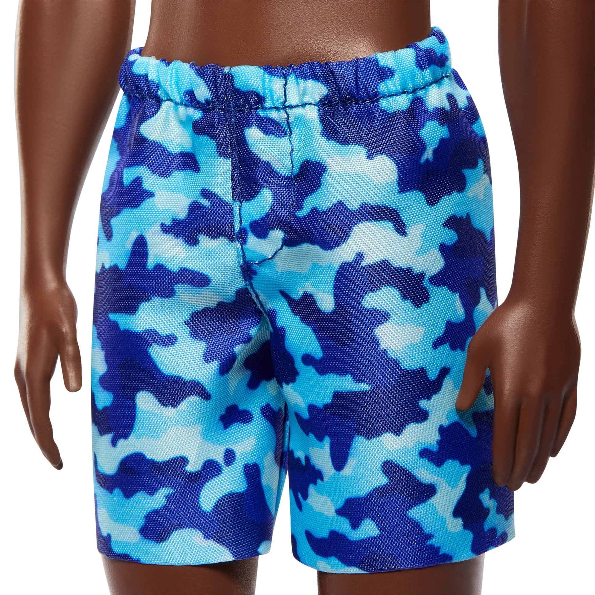 Beach Ken Doll with Dark Brown Hair Wearing Blue Camo-inspired Print Swimsuit Ready for the Pool