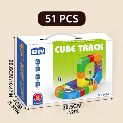 Track Fusion Train Set, 51Pcs Flexible Race Trackfusion Train, Magic Rail Cube Magnetic Monorail, Antigravity Car Block Track Fusion Toy for Kids