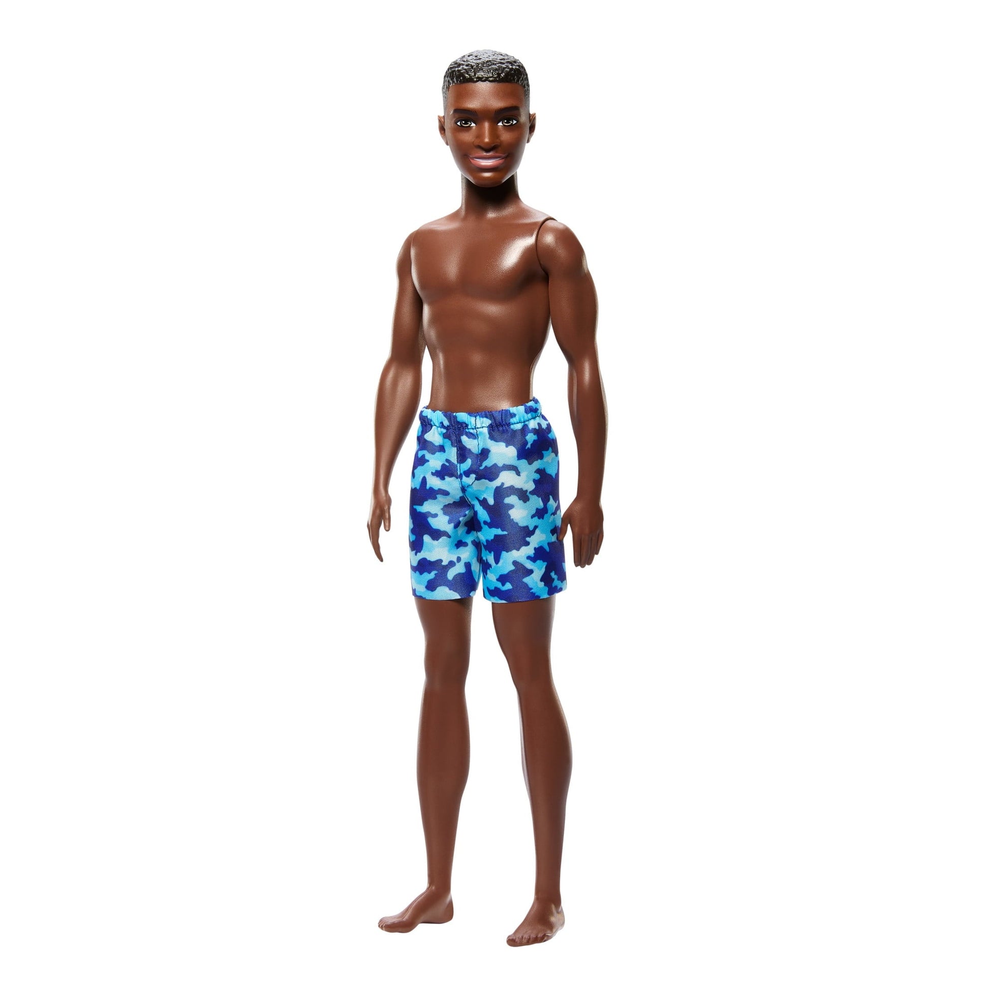 Beach Ken Doll with Dark Brown Hair Wearing Blue Camo-inspired Print Swimsuit Ready for the Pool