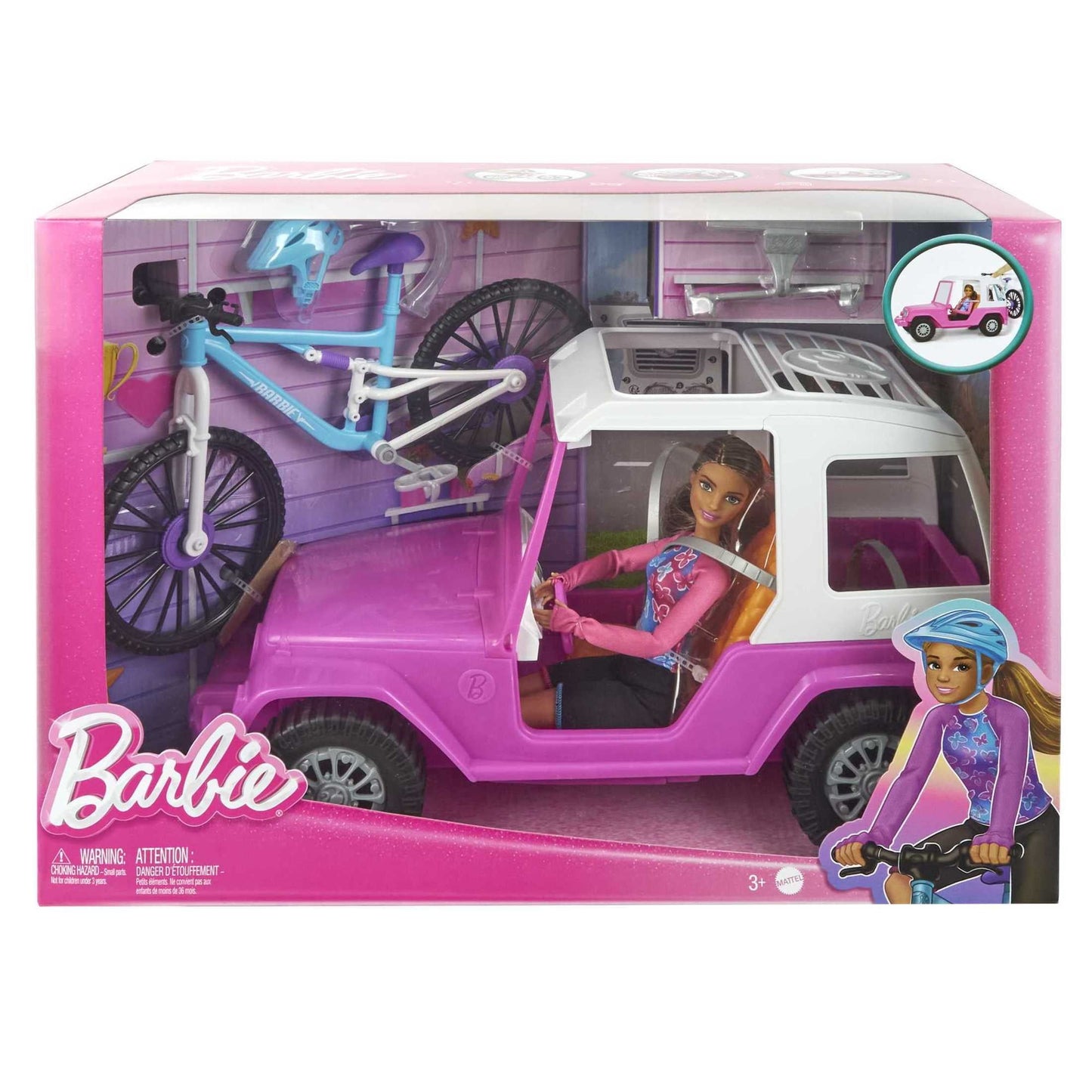 Barbie Doll, Mountain Bike, Barbie Car Bundle with Pink Jeep [Walmart Exclusive]