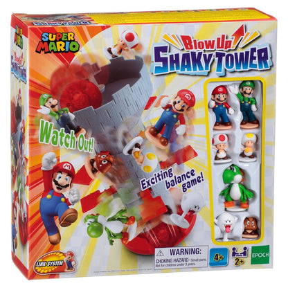 Epoch Games Super Mario Blow Up! Shaky Tower Balancing Game, Tabletop Skill and Action Game with Collectible Super Mario Action Figures