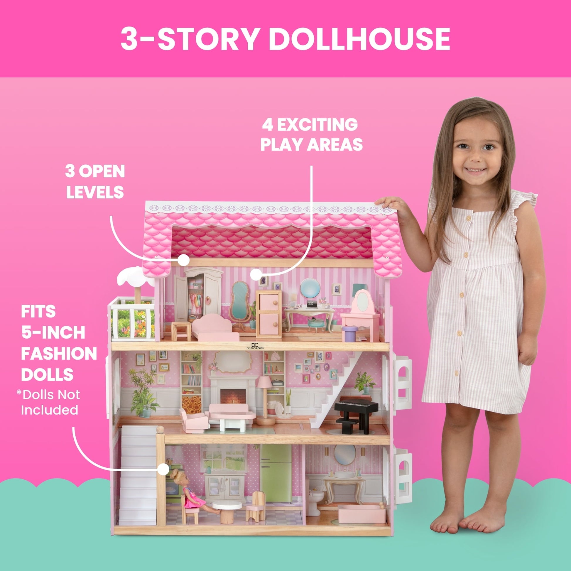 Delta Children Little Gem Dollhouse - Wooden 3-Story Dollhouse with 4 Rooms - Includes 16 Accessories - Fits 5-inch Dolls - Pretend Play Dream Gift for Ages 3+