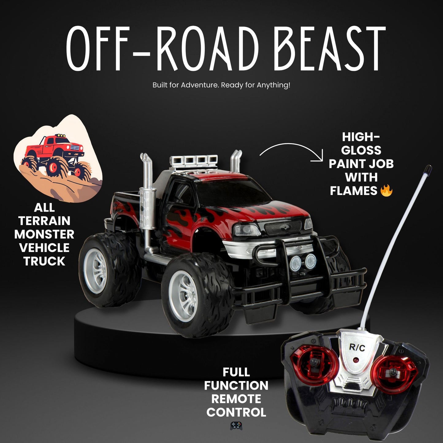 Remote Control Big Wheel Beast Monster Truck Pickup Toy Vehicle 1:16 Scale with Headlights RC Off Road Truck Toy Gift for Boys Kids