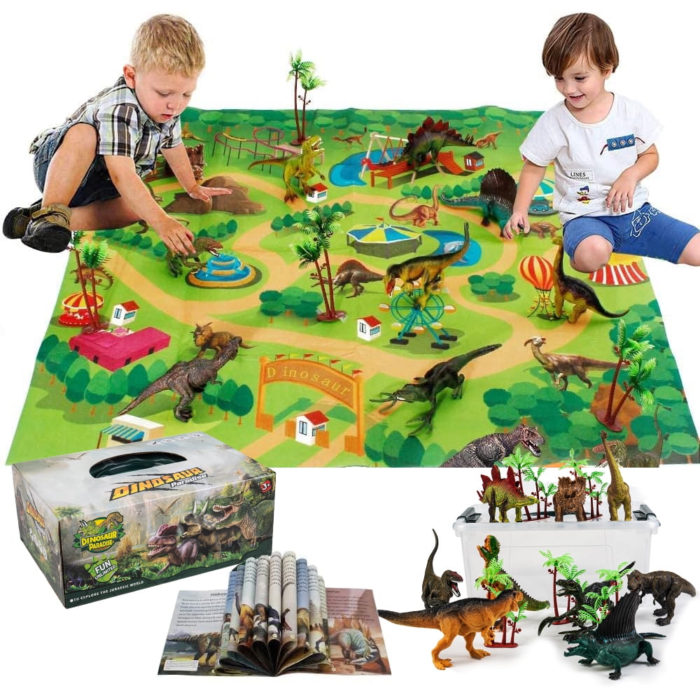 Dinosaur Toys with Play Mat & Trees for Toddlers, Realistic Jurassic Dinosaur Figures to Create a Dino World Includes 9 Kinds of Dinosaurs, Gift for Toddlers Boys & Girls (Age 3+)