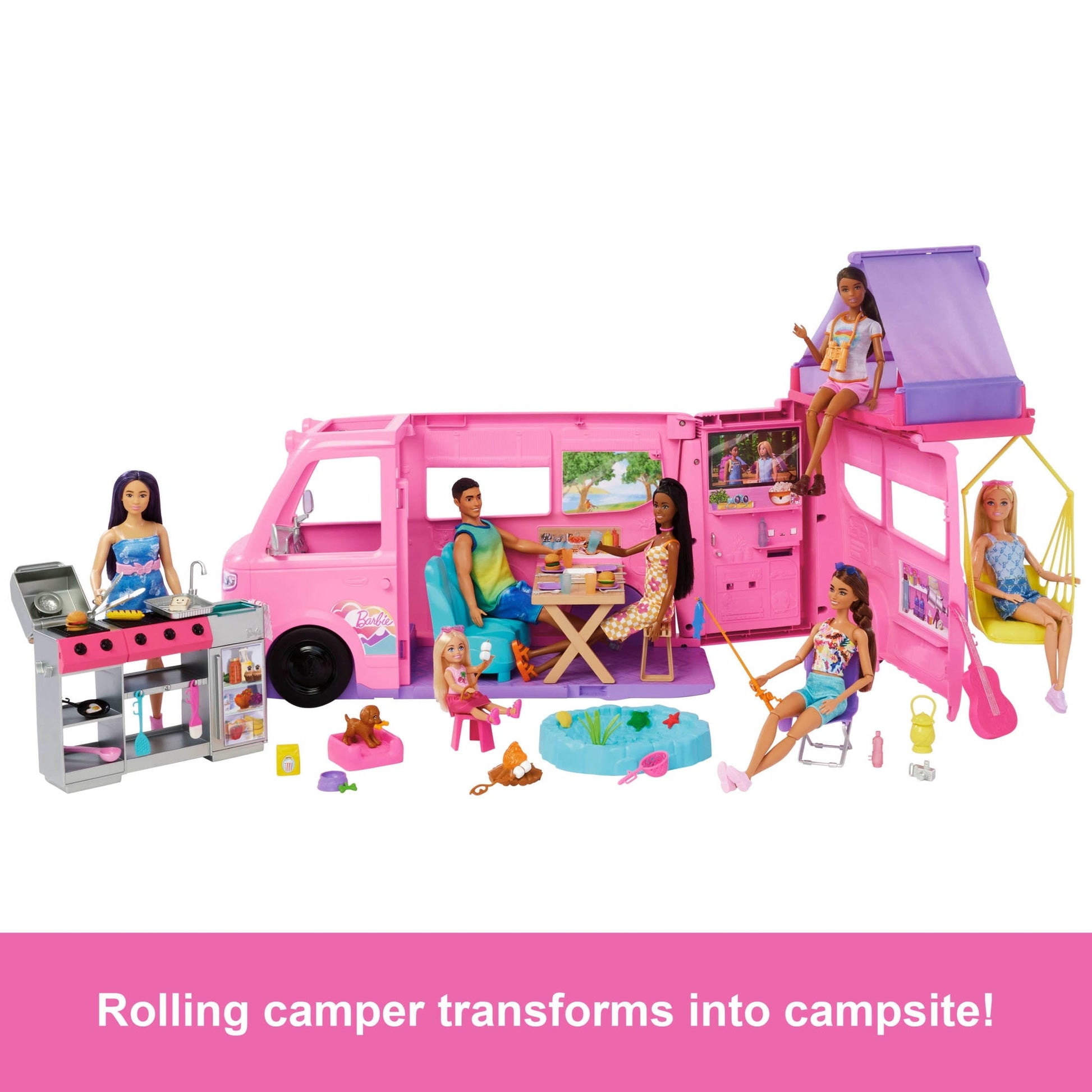 Barbie Dream Camper Playset with Roof Tent, BBQ Grill with Color-Change Feature & 60+ Accessories
