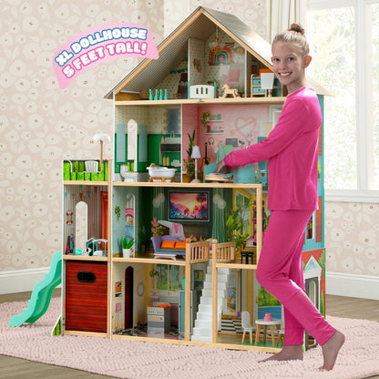Delta Children Deluxe Maui Dollhouse with 50 Accessories - Large Wooden 4-Story Dollhouse with 12 Rooms - Working Elevator, Slide, Lights/Sounds - Fits 12-inch Dolls - Pretend Play Gift for Ages 3+