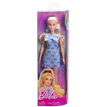 Barbie Fashionistas Doll #237 in Blue Bow Halter Dress, Blonde Ponytail with Bow Accessory