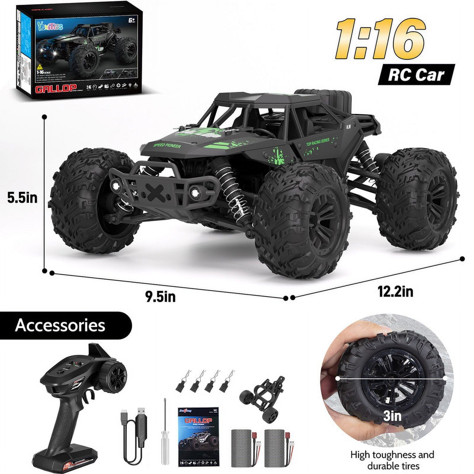 Yexmas 1:16 Scale Fast Large RC Car,40+KM/H All Terrain High Speed Remote Control Car, 4x4 RC Monster Truck with 60 Min Runtime,2 Batteries,Gifts Toys for Kids & Adults,Black