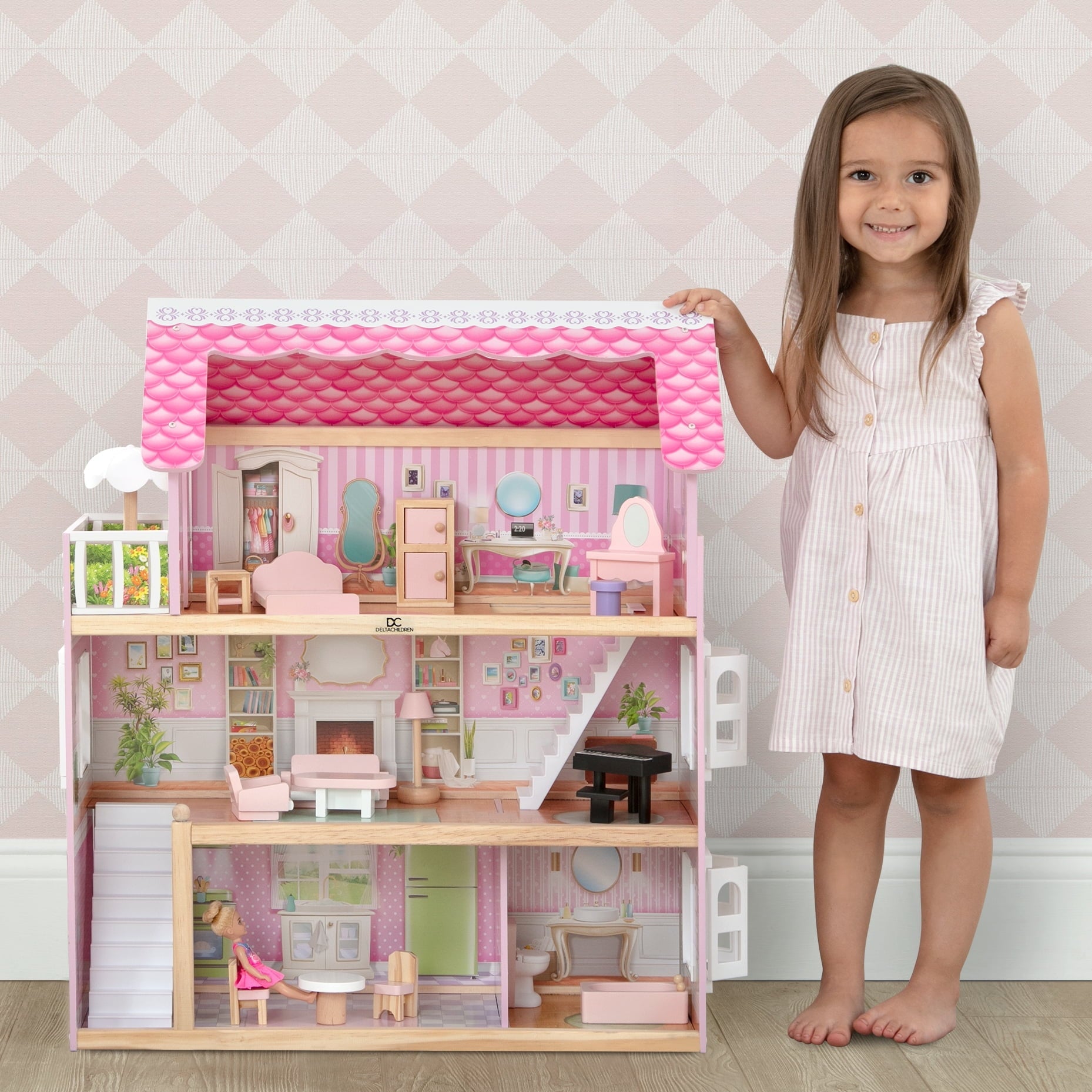 Delta Children Little Gem Dollhouse - Wooden 3-Story Dollhouse with 4 Rooms - Includes 16 Accessories - Fits 5-inch Dolls - Pretend Play Dream Gift for Ages 3+