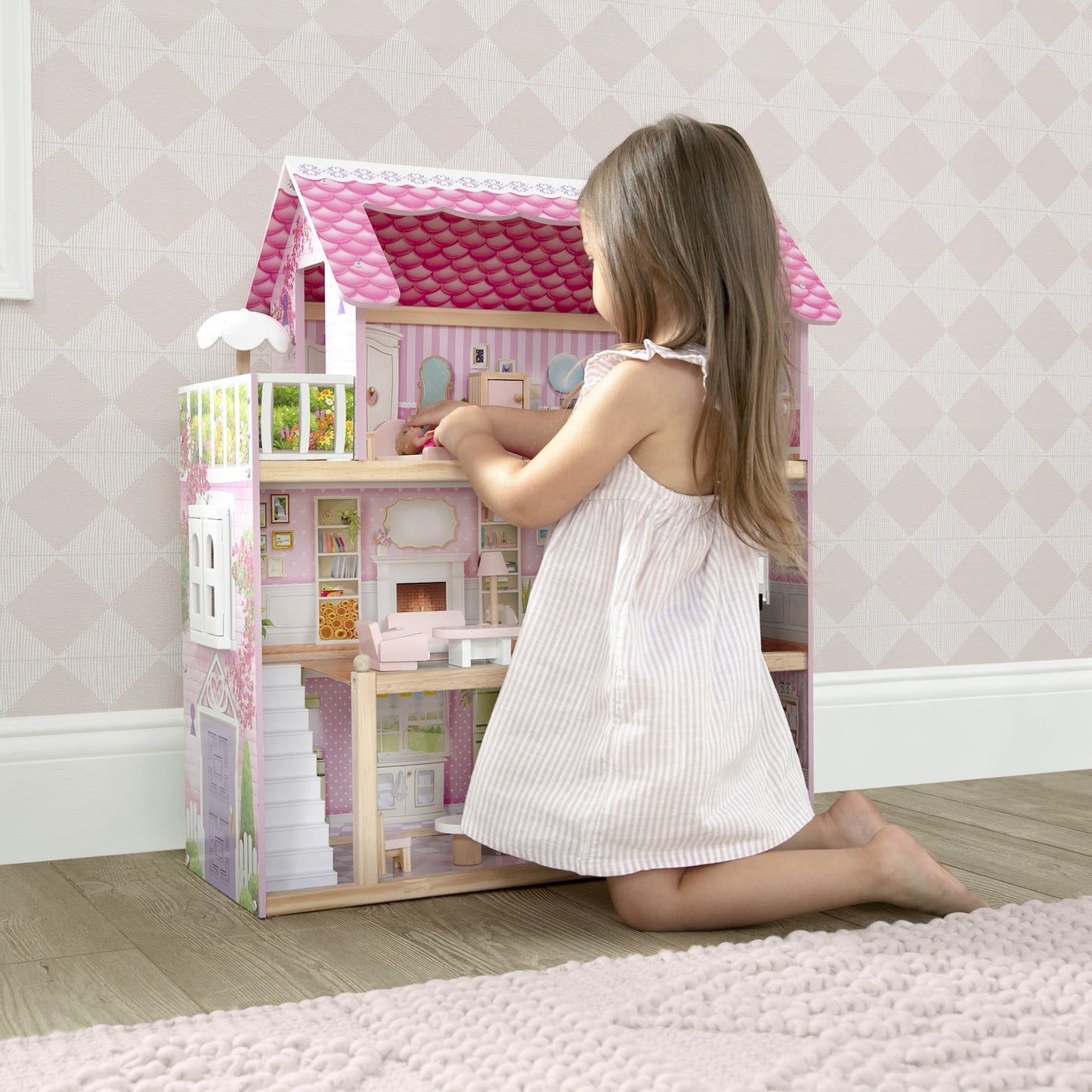 Delta Children Little Gem Dollhouse - Wooden 3-Story Dollhouse with 4 Rooms - Includes 16 Accessories - Fits 5-inch Dolls - Pretend Play Dream Gift for Ages 3+