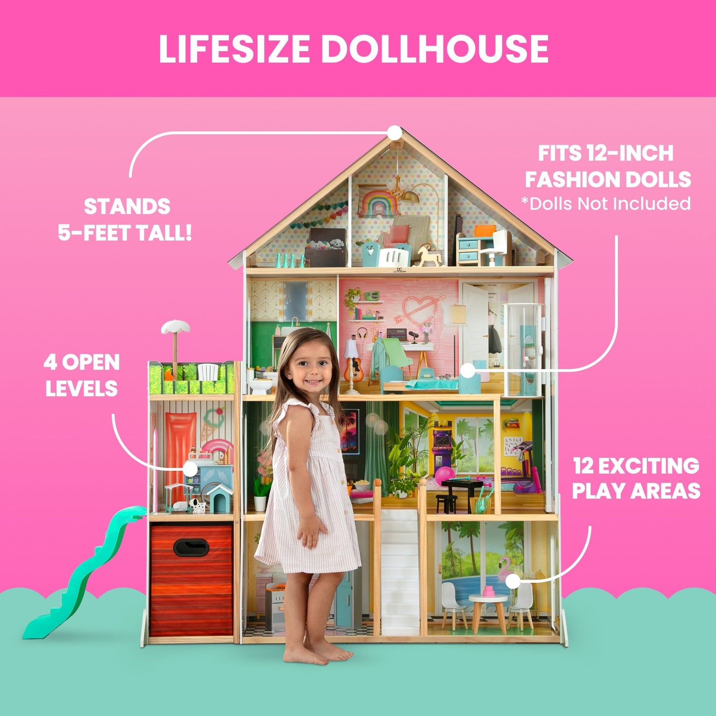 Delta Children Deluxe Maui Dollhouse with 50 Accessories - Large Wooden 4-Story Dollhouse with 12 Rooms - Working Elevator, Slide, Lights/Sounds - Fits 12-inch Dolls - Pretend Play Gift for Ages 3+